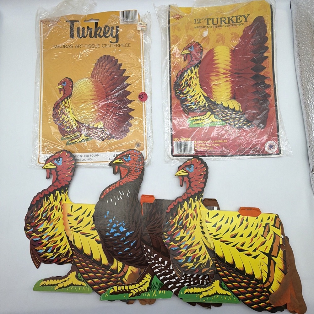 3- Beistle Thanksgiving Turkey Honeycomb Standee 14" Die Cut Vintage c 1980"s